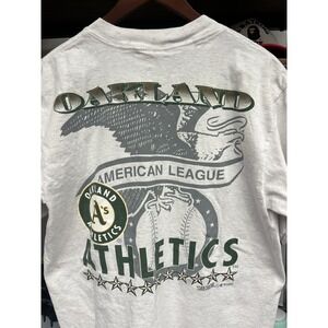 VTG 90s Trench MLB Oakland Athletics Double Sided Gray Pocket Tee Size Large